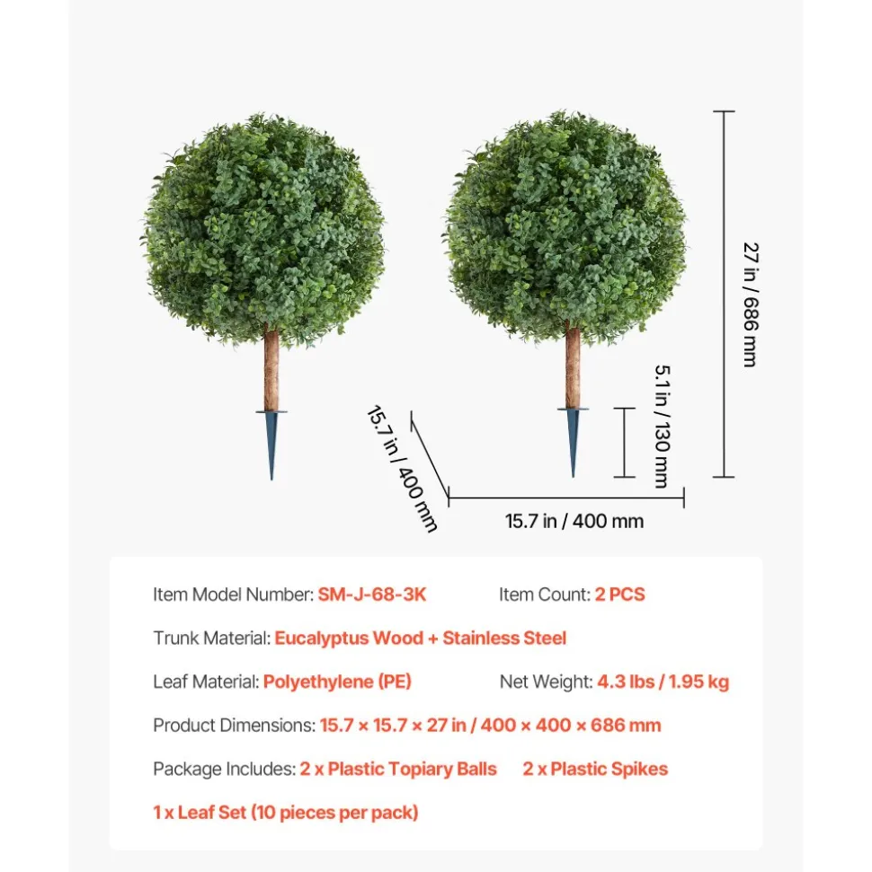 VEVOR Artificial Topiary Boxwood Trees with Ground Spike, 27 inch 2 Set Faux Shrubs & Bushes Potted Plants, Fake Silk Tree Look Real for Decor Front Porch Outdoor Indoor Patio Garden Balcony Backyard