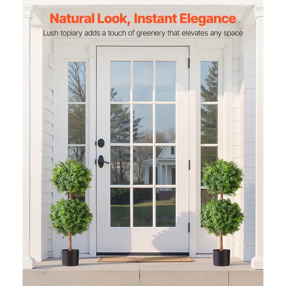 VEVOR Artificial Topiary Boxwood Trees with Ground Spike, 22 inch 2 Set Faux Shrubs & Bushes Potted Plants, Fake Silk Tree Look Real for Decor Front Porch Outdoor Indoor Patio Garden Balcony Backyard