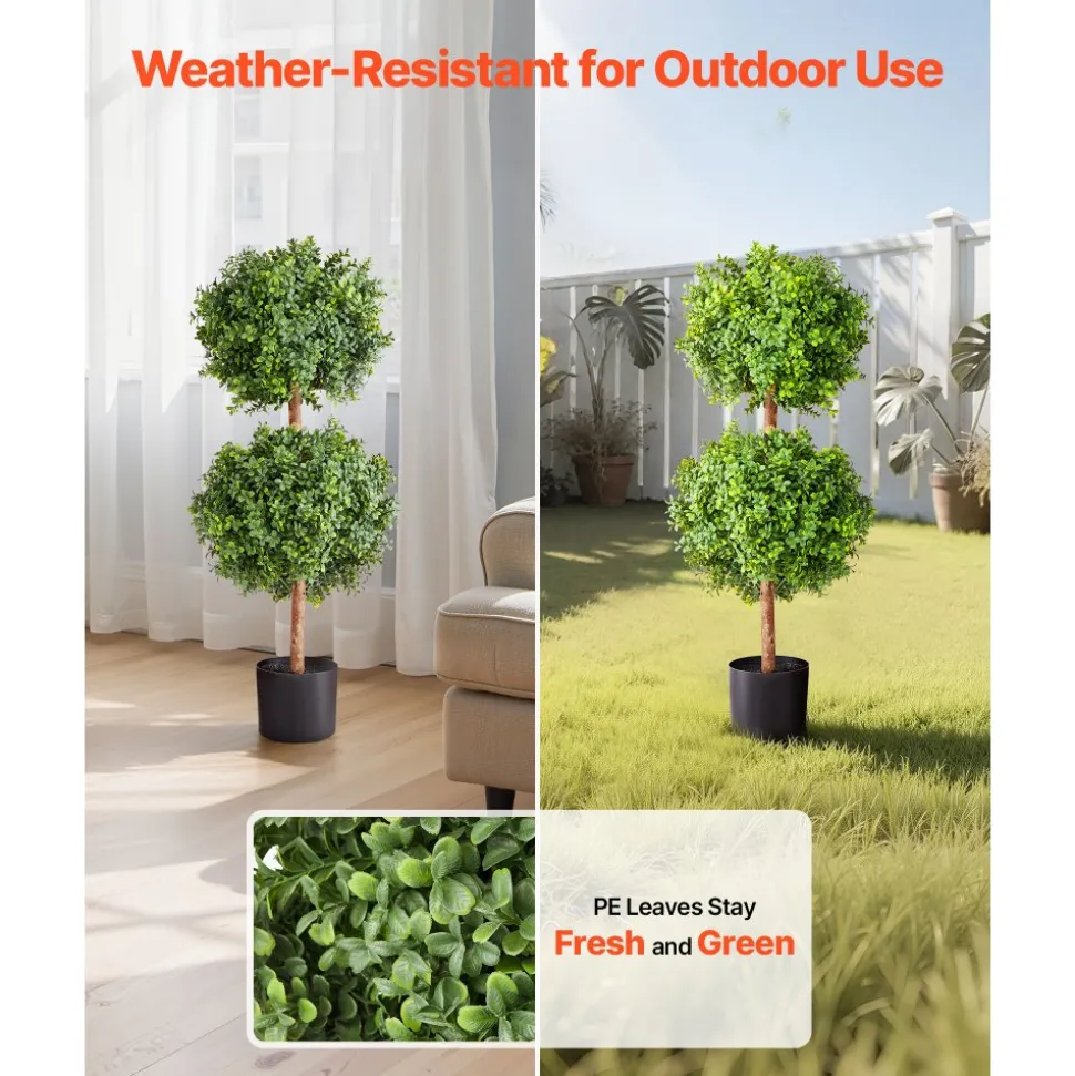 VEVOR Artificial Topiary Boxwood Trees with Ground Spike, 22 inch 2 Set Faux Shrubs & Bushes Potted Plants, Fake Silk Tree Look Real for Decor Front Porch Outdoor Indoor Patio Garden Balcony Backyard
