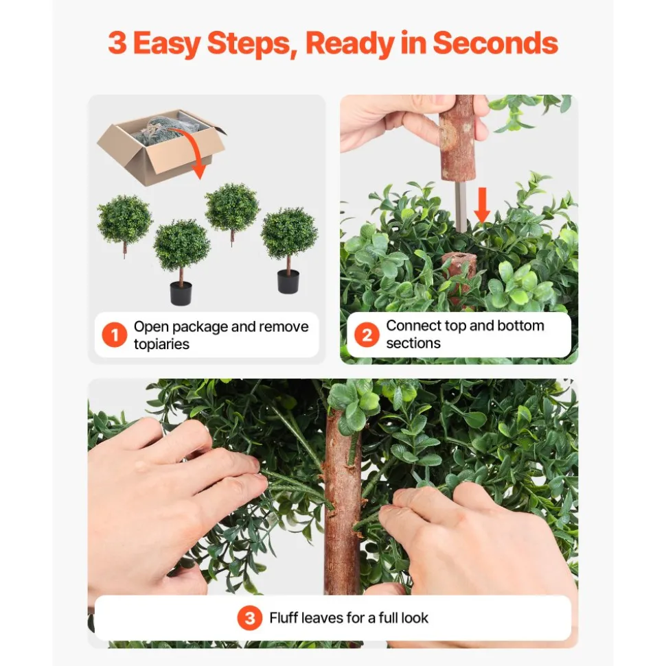 VEVOR Artificial Topiary Boxwood Trees with Ground Spike, 22 inch 2 Set Faux Shrubs & Bushes Potted Plants, Fake Silk Tree Look Real for Decor Front Porch Outdoor Indoor Patio Garden Balcony Backyard