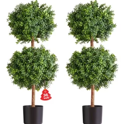 VEVOR Artificial Topiary Boxwood Trees with Ground Spike, 22 inch 2 Set Faux Shrubs & Bushes Potted Plants, Fake Silk Tree Look Real for Decor Front Porch Outdoor Indoor Patio Garden Balcony Backyard