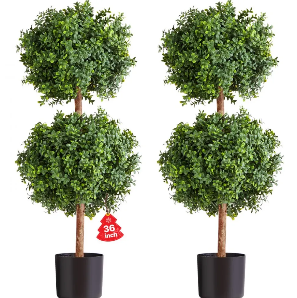 VEVOR Artificial Topiary Boxwood Trees with Ground Spike, 22 inch 2 Set Faux Shrubs & Bushes Potted Plants, Fake Silk Tree Look Real for Decor Front Porch Outdoor Indoor Patio Garden Balcony Backyard