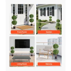 VEVOR Artificial Topiary Boxwood Trees with Ground Spike, 22 inch 2 Set Faux Shrubs & Bushes Potted Plants, Fake Silk Tree Look Real for Decor Front Porch Outdoor Indoor Patio Garden Balcony Backyard