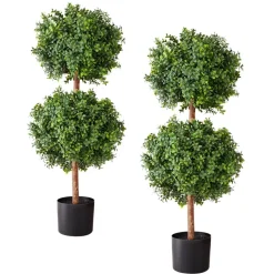 VEVOR Artificial Topiary Boxwood Trees with Ground Spike, 22 inch 2 Set Faux Shrubs & Bushes Potted Plants, Fake Silk Tree Look Real for Decor Front Porch Outdoor Indoor Patio Garden Balcony Backyard