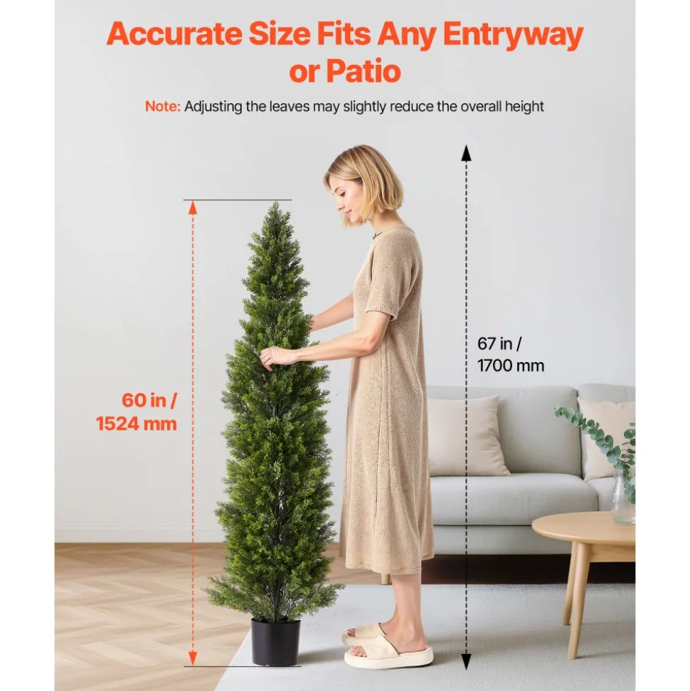 VEVOR Artificial Topiary Cedar Trees, 60 inch 2 Set Faux Pine Shrubs Plants, Fake Silk Tree Look Real, Easy Assembly for Decor Front Porch Outdoor Patio Garden Balcony Backyard Indoor Office