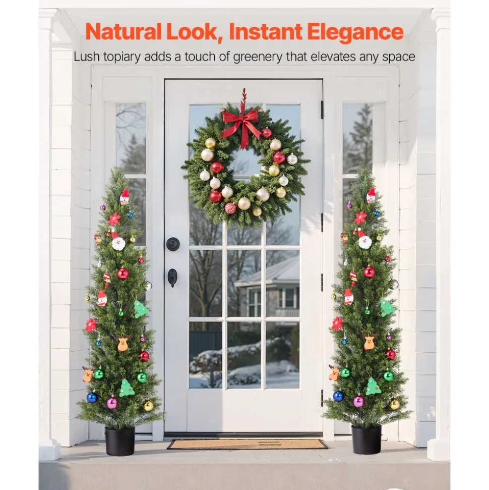VEVOR Artificial Topiary Cedar Trees, 60 inch 2 Set Faux Pine Shrubs Plants, Fake Silk Tree Look Real, Easy Assembly for Decor Front Porch Outdoor Patio Garden Balcony Backyard Indoor Office