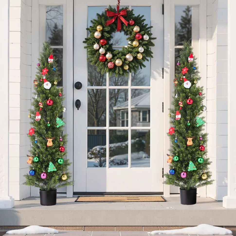 VEVOR Artificial Topiary Cedar Trees, 60 inch 2 Set Faux Pine Shrubs Plants, Fake Silk Tree Look Real, Easy Assembly for Decor Front Porch Outdoor Patio Garden Balcony Backyard Indoor Office