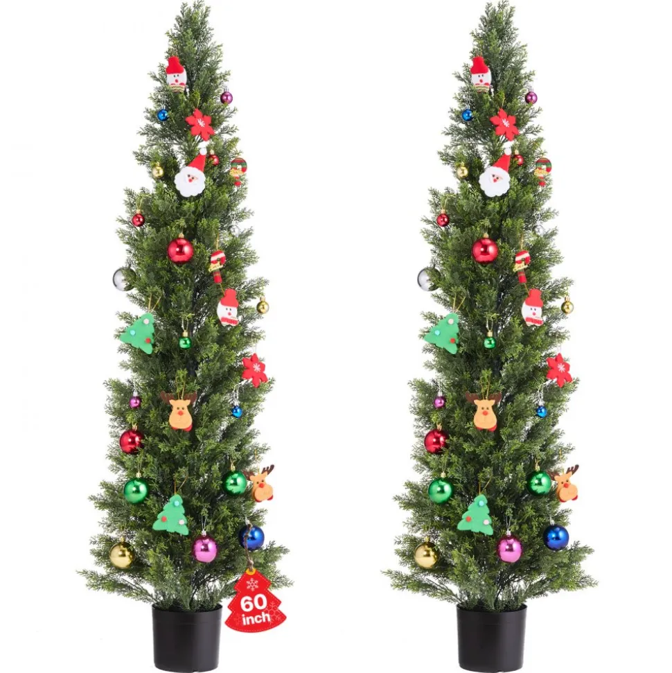 VEVOR Artificial Topiary Cedar Trees, 60 inch 2 Set Faux Pine Shrubs Plants, Fake Silk Tree Look Real, Easy Assembly for Decor Front Porch Outdoor Patio Garden Balcony Backyard Indoor Office