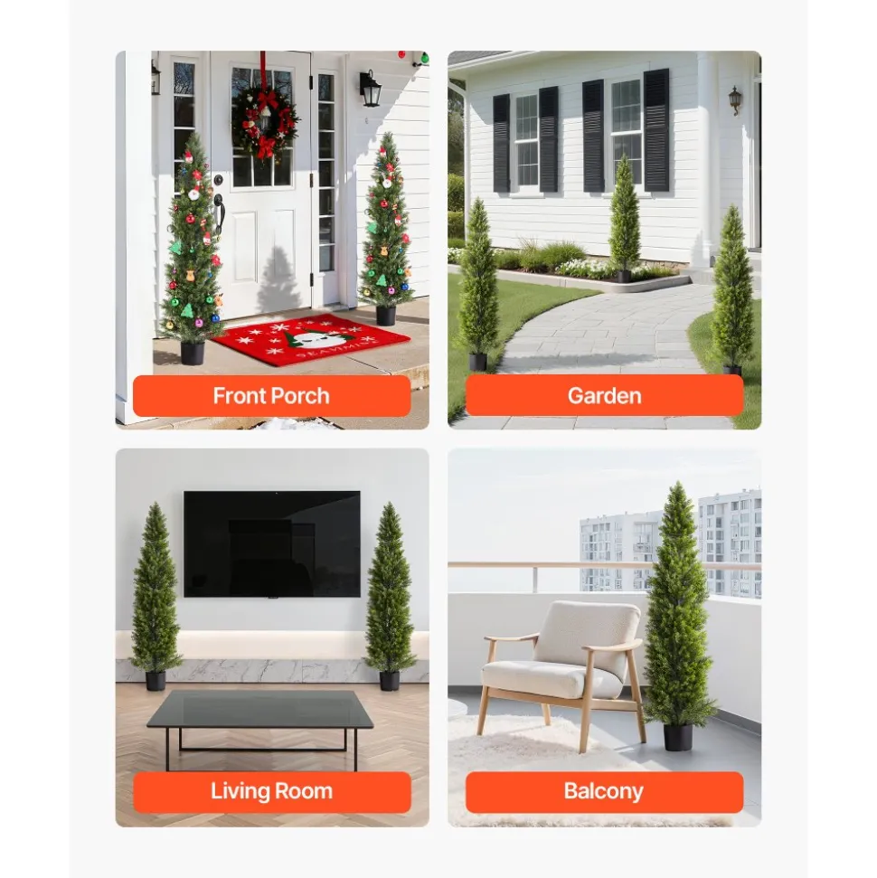 VEVOR Artificial Topiary Cedar Trees, 60 inch 2 Set Faux Pine Shrubs Plants, Fake Silk Tree Look Real, Easy Assembly for Decor Front Porch Outdoor Patio Garden Balcony Backyard Indoor Office