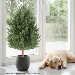 VEVOR Artificial Topiary Cedar Bush 3 Ft Set of 2 Greenery Fake Shrubs, PE Faux Trees with Ground Spikes, Indoor & Outdoor Green Plant for Front Door, Entryway, Porch, Balcony, Patio, Garden