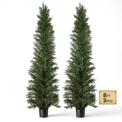VEVOR Artificial Topiary Cedar Tree 8 Ft Set of 2 with Pot Greenery Decor, Premium PE Fake Trees, Year-Round Indoor & Outdoor Faux Green Plant for Front Door, Entryway, Porch, Balcony, Patio, Garden