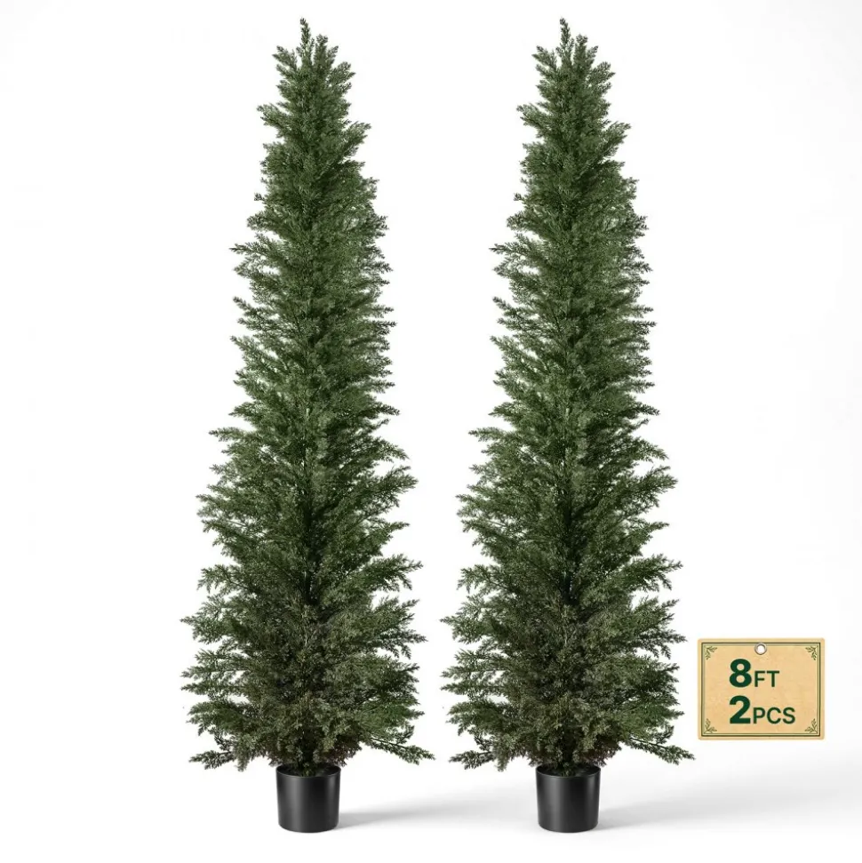 VEVOR Artificial Topiary Cedar Tree 8 Ft Set of 2 with Pot Greenery Decor, Premium PE Fake Trees, Year-Round Indoor & Outdoor Faux Green Plant for Front Door, Entryway, Porch, Balcony, Patio, Garden