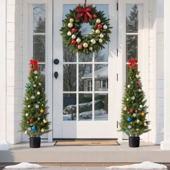 VEVOR Artificial Topiary Cedar Trees, 48 inch 2 Set Faux Pine Shrubs Plants, Fake Silk Tree Look Real, Easy Assembly for Decor Front Porch Outdoor Patio Garden Balcony Backyard Indoor Office