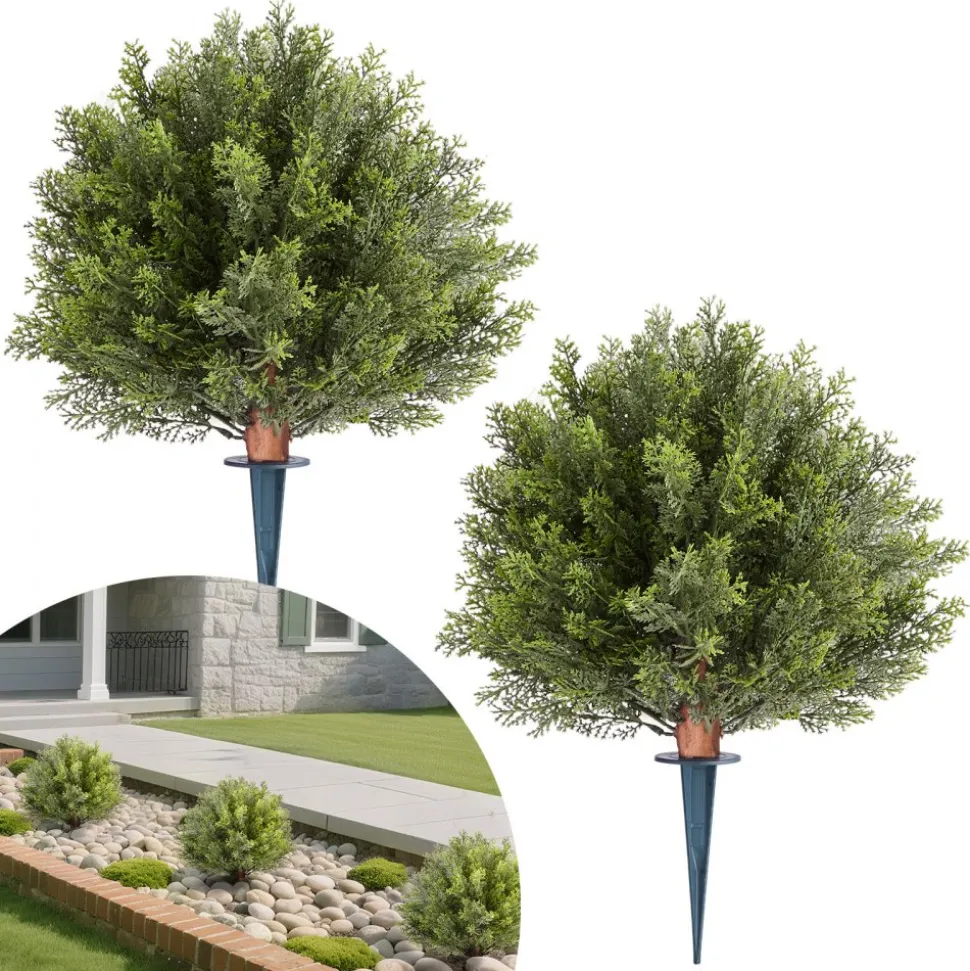 VEVOR Artificial Topiary Cypress Trees with Ground Spike, 16 inch 2 Set Faux Shrubs & Bushes Potted Plants, Fake Silk Tree Look Real for Decor Front Porch Outdoor Indoor Patio Garden Balcony Backyard