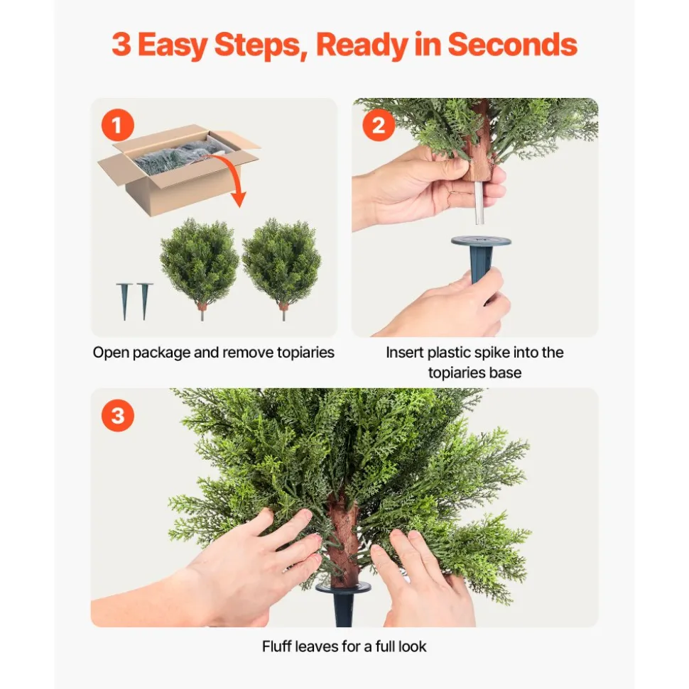 VEVOR Artificial Topiary Cypress Trees with Ground Spike, 16 inch 2 Set Faux Shrubs & Bushes Potted Plants, Fake Silk Tree Look Real for Decor Front Porch Outdoor Indoor Patio Garden Balcony Backyard