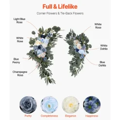 VEVOR Artificial Wedding Arch Flowers Kit, Blue Wedding Arch Flowers with Drapes Kit (Pack of 4) - 2 Pcs Floral Arrangement, 2 Pcs Sheer Drapes, for Ceremony Bouquets Reception Backdrop Decoration