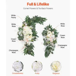 VEVOR Artificial Wedding Arch Flowers Kit, White Wedding Arch Flowers with Drapes Kit (Pack of 3) - 2 Pcs Floral Arrangement, 1 Pcs Sheer Drapes, for Ceremony Bouquets Reception Backdrop Decoration