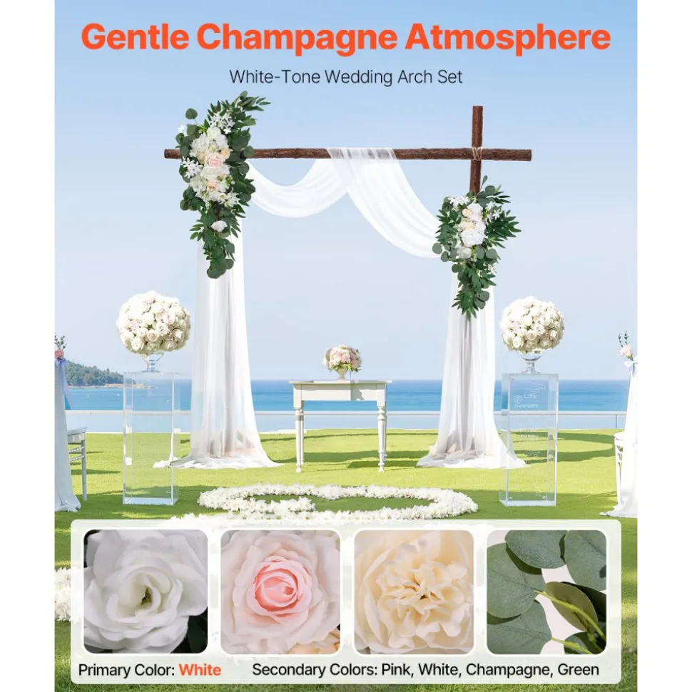 VEVOR Artificial Wedding Arch Flowers Kit, White Wedding Arch Flowers with Drapes Kit (Pack of 4) - 2 Pcs Floral Arrangement, 2 Pcs Sheer Drapes, for Ceremony Bouquets Reception Backdrop Decoration