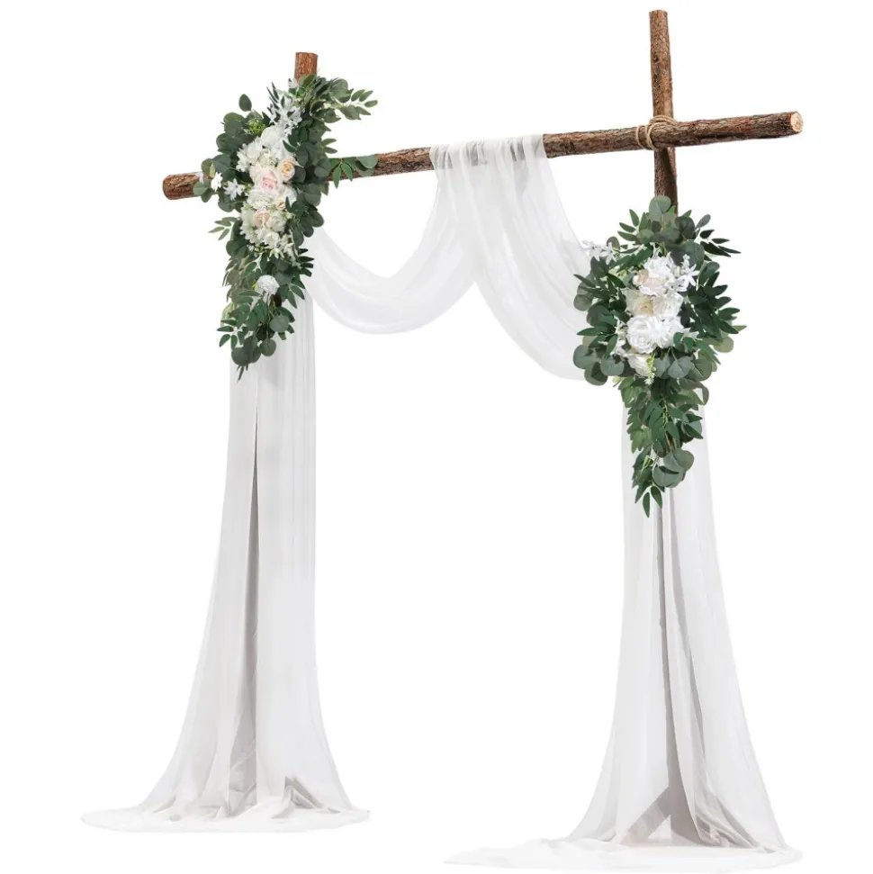 VEVOR Artificial Wedding Arch Flowers Kit, White Wedding Arch Flowers with Drapes Kit (Pack of 4) - 2 Pcs Floral Arrangement, 2 Pcs Sheer Drapes, for Ceremony Bouquets Reception Backdrop Decoration