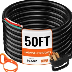 VEVOR 50' 50A RV Camp Power Cord Generator Cord 6/3 + 8/1 AWG NEMA 14-50P to Bare Wire