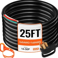 VEVOR 25' 50A RV Camp Power Cord Generator Cord 6/3 + 8/1 AWG NEMA 14-50P to Bare Wire