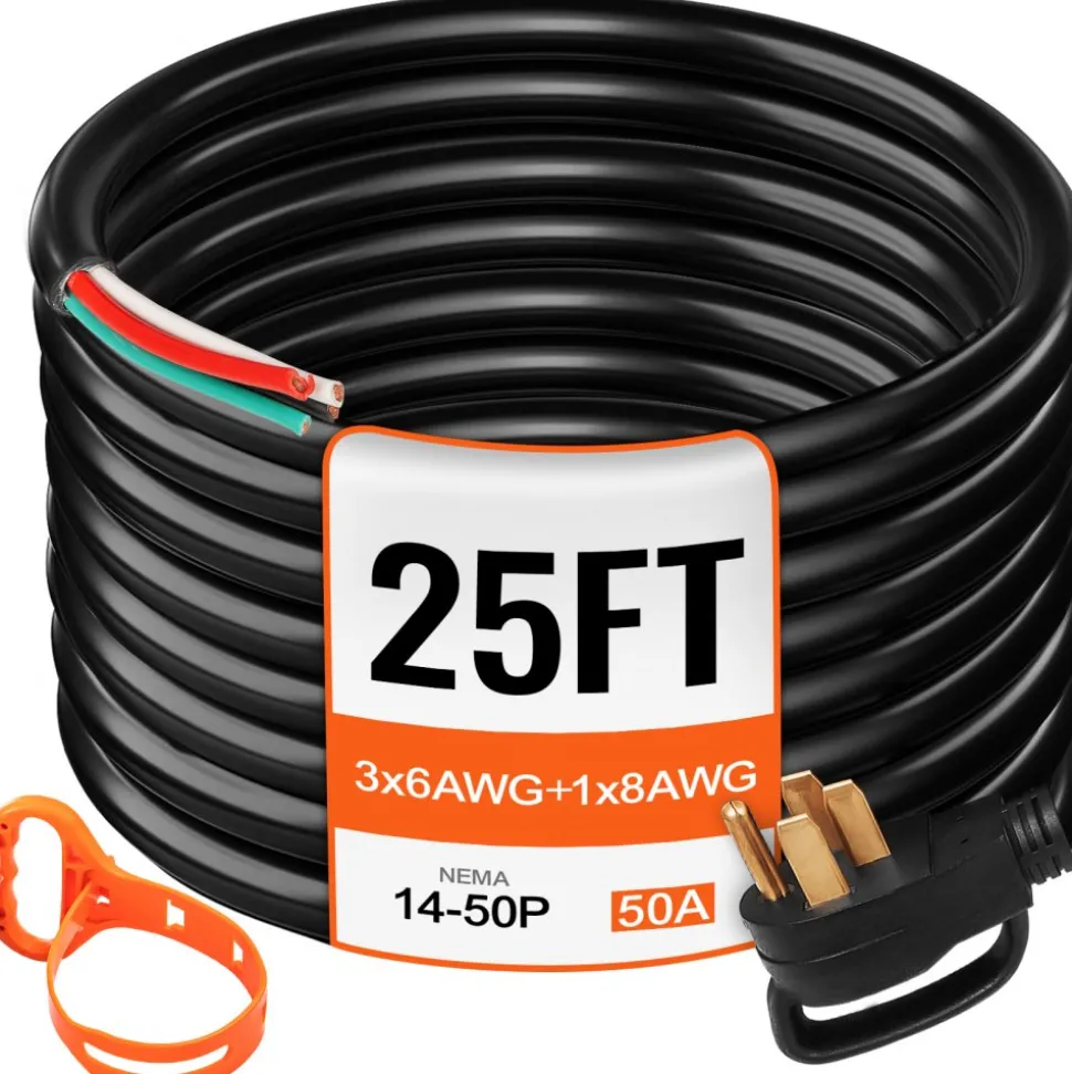VEVOR 25' 50A RV Camp Power Cord Generator Cord 6/3 + 8/1 AWG NEMA 14-50P to Bare Wire