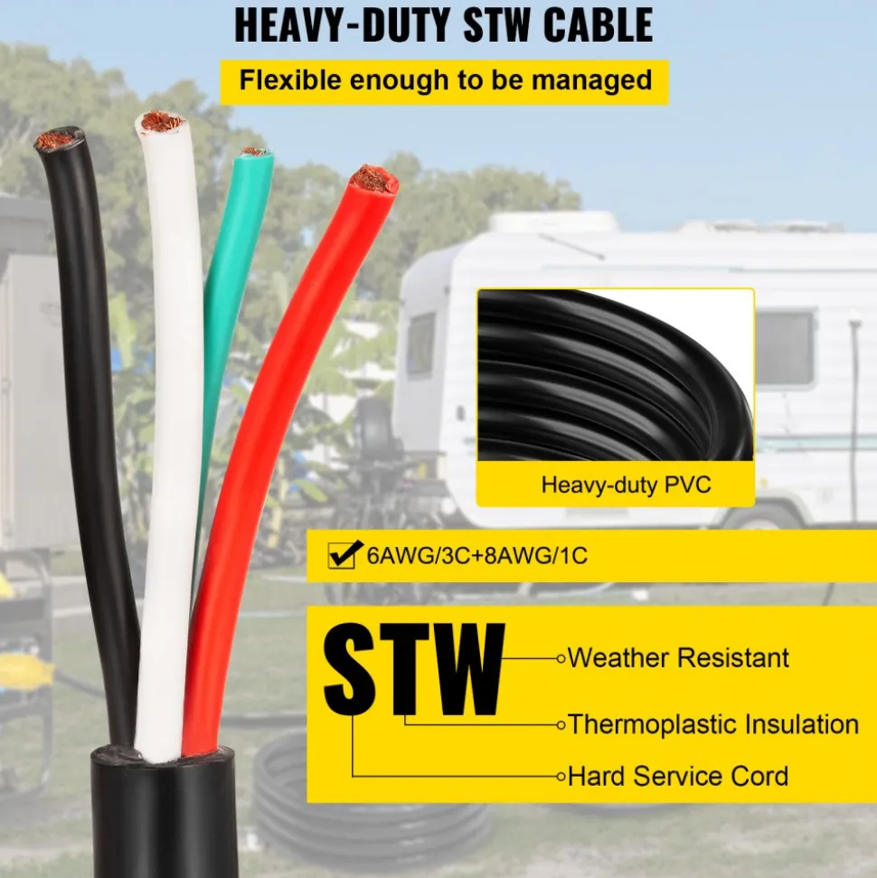 VEVOR 30' 50A RV Camp Power Cord Generator Cord 6/3 + 8/1 AWG NEMA 14-50P to Bare Wire