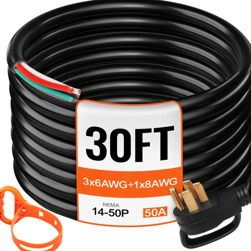 VEVOR 30' 50A RV Camp Power Cord Generator Cord 6/3 + 8/1 AWG NEMA 14-50P to Bare Wire