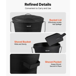 VEVOR Ash Bucket, 4 PCS with Lid, Shovel, Broom and Gloves, Metal Fireplace Charcoal Bucket and Ash Can, 2.6 GAL Large Capacity for Fireplace, Fire Pits, Wood Burning Stoves, Indoor and Outdoor