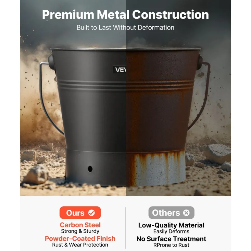 VEVOR Ash Bucket, 4 PCS with Lid, Shovel, Broom and Gloves, Metal Fireplace Charcoal Bucket and Ash Can, 2.6 GAL Large Capacity for Fireplace, Fire Pits, Wood Burning Stoves, Indoor and Outdoor