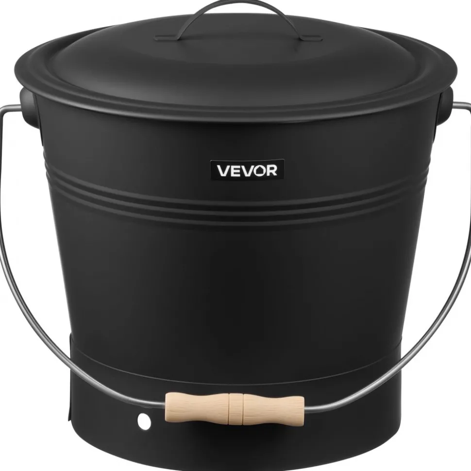 VEVOR Ash Bucket, 4 PCS with Lid, Shovel, Broom and Gloves, Metal Fireplace Charcoal Bucket and Ash Can, 2.6 GAL Large Capacity for Fireplace, Fire Pits, Wood Burning Stoves, Indoor and Outdoor