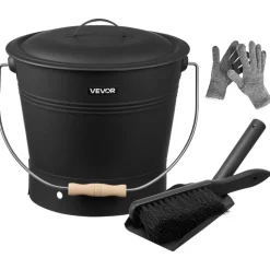 VEVOR Ash Bucket, 4 PCS with Lid, Shovel, Broom and Gloves, Metal Fireplace Charcoal Bucket and Ash Can, 2.6 GAL Large Capacity for Fireplace, Fire Pits, Wood Burning Stoves, Indoor and Outdoor