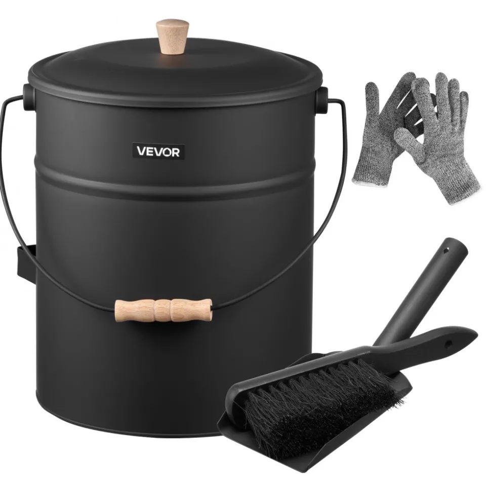 VEVOR Ash Bucket, 4 PCS with Lid, Shovel, Broom and Gloves, Metal Fireplace Charcoal Bucket and Ash Can, 4 GAL Large Capacity for Fireplace, Fire Pits, Wood Burning Stoves, Indoor and Outdoor
