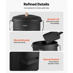 VEVOR Ash Bucket, 4 PCS with Lid, Shovel, Broom and Gloves, Metal Fireplace Charcoal Bucket and Ash Can, 4 GAL Large Capacity for Fireplace, Fire Pits, Wood Burning Stoves, Indoor and Outdoor