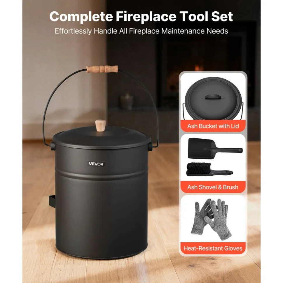 VEVOR Ash Bucket, 4 PCS with Lid, Shovel, Broom and Gloves, Metal Fireplace Charcoal Bucket and Ash Can, 4 GAL Large Capacity for Fireplace, Fire Pits, Wood Burning Stoves, Indoor and Outdoor