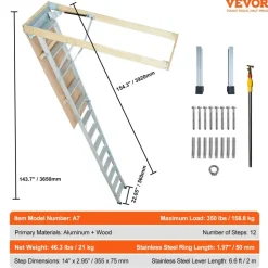 VEVOR Attic Ladder Foldable, 350-pound Capacity, 22.5" x 63", Multi-Purpose Aluminium Extension, Lightweight and Portable, Fits 9.5'-12' Ceiling Heights, Convenient Access to Your Attic Standard
