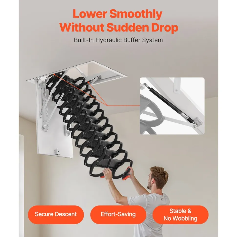 VEVOR Attic Ladder, 660LBS/299.4KG Capacity, Fits 8.5 to 9.4 ft Ceiling Height and 39.4 x 27.5 inch Opening Size, Alloy Steel Pull-Down Retractable Ceiling Stair with Pulling Rod for Attic Loft Roof