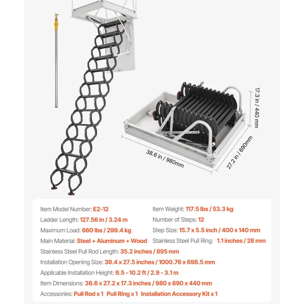 VEVOR Attic Ladder, 660LBS/299.4KG Capacity, Fits 9.5 to 10.2 ft Ceiling Height and 39.4 x 27.5 inch Opening Size, Alloy Steel Pull-Down Retractable Ceiling Stair with Pulling Rod for Attic Loft Roof