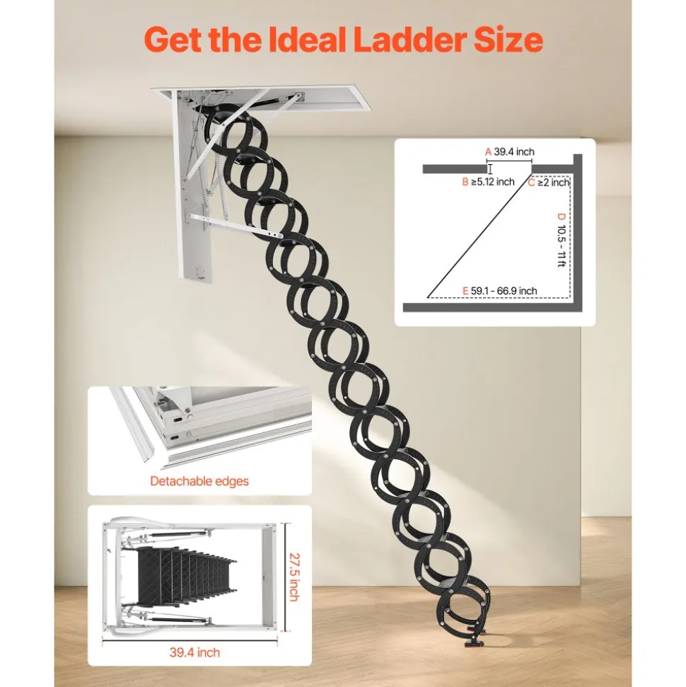 VEVOR Attic Ladder, 660LBS/299.4KG Capacity, Fits 10.5 to 11 ft Ceiling Height and 39.4 x 27.5 inch Opening Size, Alloy Steel Pull-Down Retractable Ceiling Stair with Pulling Rod for Attic Loft Roof