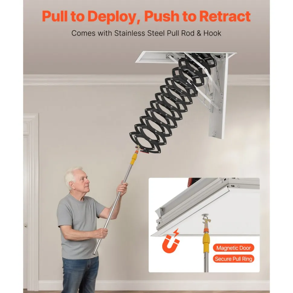 VEVOR Attic Ladder, 660LBS/299.4KG Capacity, Fits 10.5 to 11 ft Ceiling Height and 39.4 x 27.5 inch Opening Size, Alloy Steel Pull-Down Retractable Ceiling Stair with Pulling Rod for Attic Loft Roof