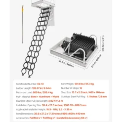 VEVOR Attic Ladder, 660LBS/299.4KG Capacity, Fits 10.5 to 11 ft Ceiling Height and 39.4 x 27.5 inch Opening Size, Alloy Steel Pull-Down Retractable Ceiling Stair with Pulling Rod for Attic Loft Roof