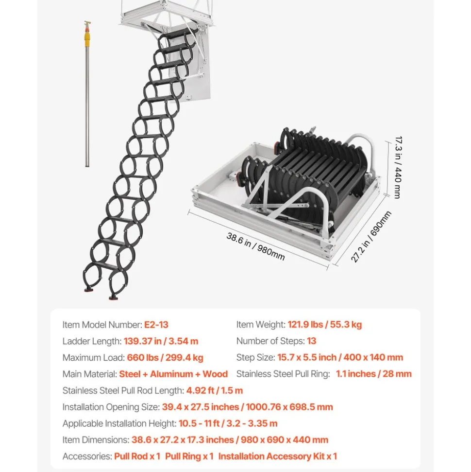 VEVOR Attic Ladder, 660LBS/299.4KG Capacity, Fits 10.5 to 11 ft Ceiling Height and 39.4 x 27.5 inch Opening Size, Alloy Steel Pull-Down Retractable Ceiling Stair with Pulling Rod for Attic Loft Roof