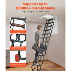 VEVOR Attic Ladder, 660LBS/299.4KG Capacity, Fits 10.5 to 11 ft Ceiling Height and 39.4 x 27.5 inch Opening Size, Alloy Steel Pull-Down Retractable Ceiling Stair with Pulling Rod for Attic Loft Roof