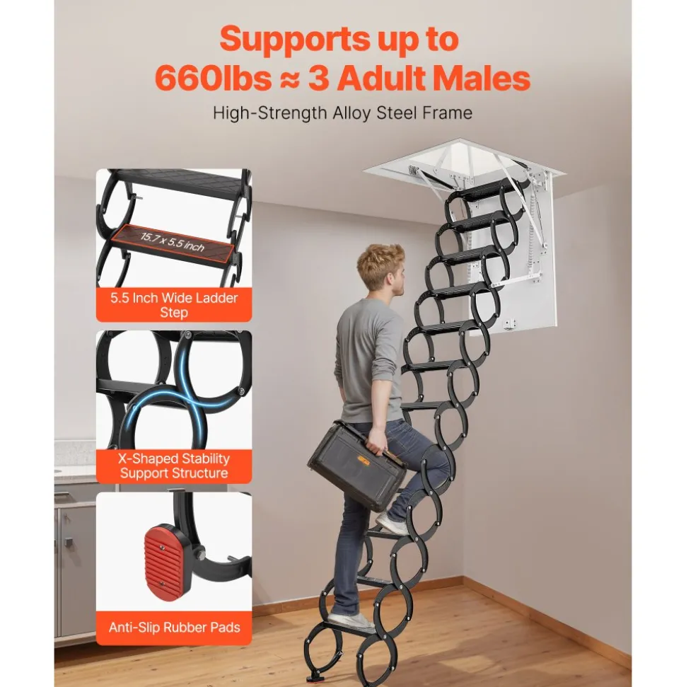 VEVOR Attic Ladder, 660LBS/299.4KG Capacity, Fits 10.5 to 11 ft Ceiling Height and 39.4 x 27.5 inch Opening Size, Alloy Steel Pull-Down Retractable Ceiling Stair with Pulling Rod for Attic Loft Roof