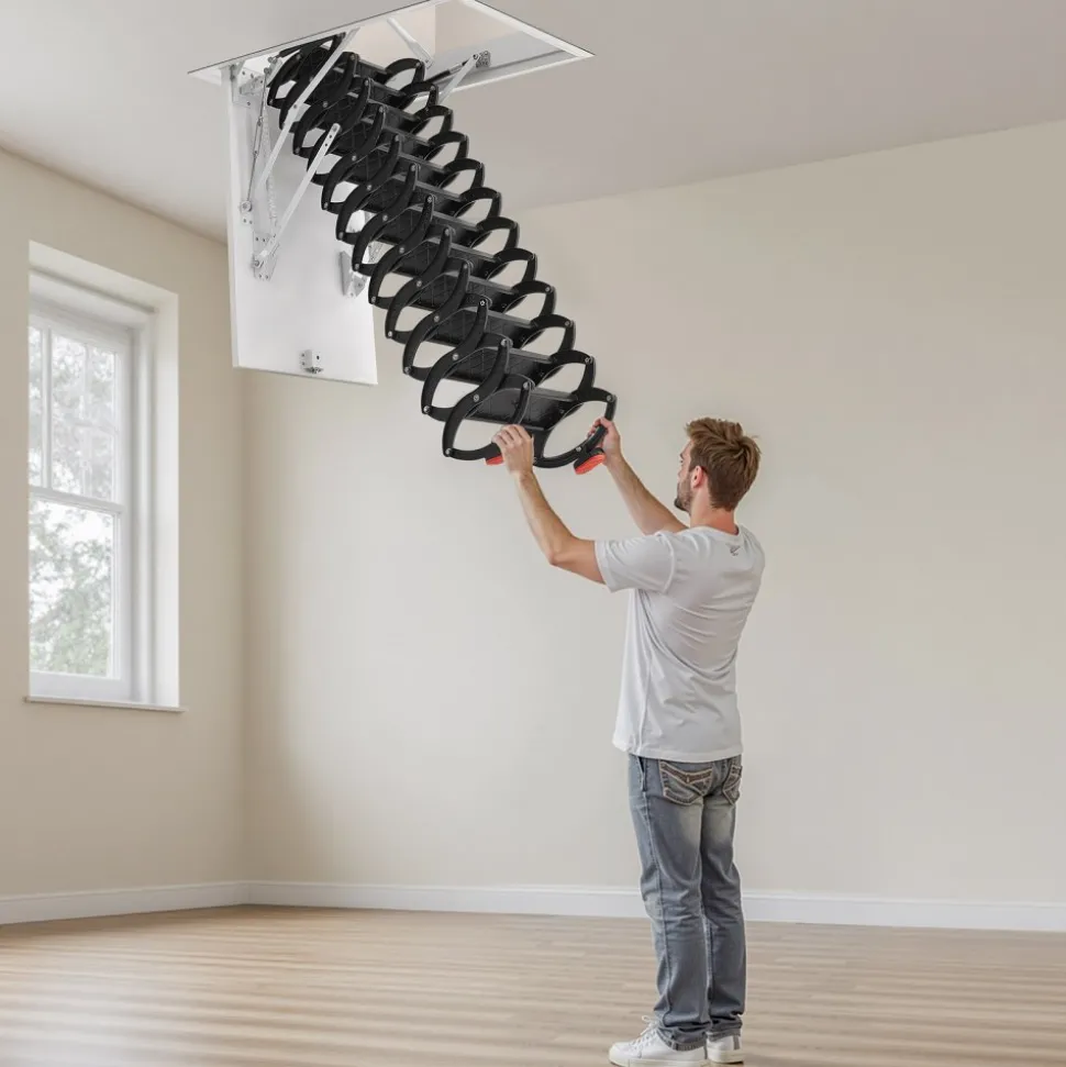 VEVOR Attic Ladder, 660LBS/299.4KG Capacity, Fits 10.5 to 11 ft Ceiling Height and 39.4 x 27.5 inch Opening Size, Alloy Steel Pull-Down Retractable Ceiling Stair with Pulling Rod for Attic Loft Roof