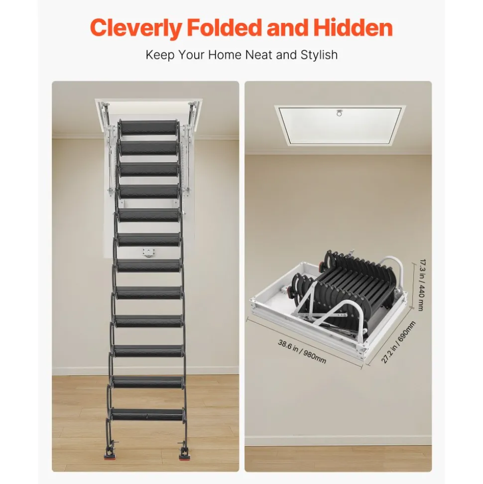 VEVOR Attic Ladder, 660LBS/299.4KG Capacity, Fits 10.5 to 11 ft Ceiling Height and 39.4 x 27.5 inch Opening Size, Alloy Steel Pull-Down Retractable Ceiling Stair with Pulling Rod for Attic Loft Roof