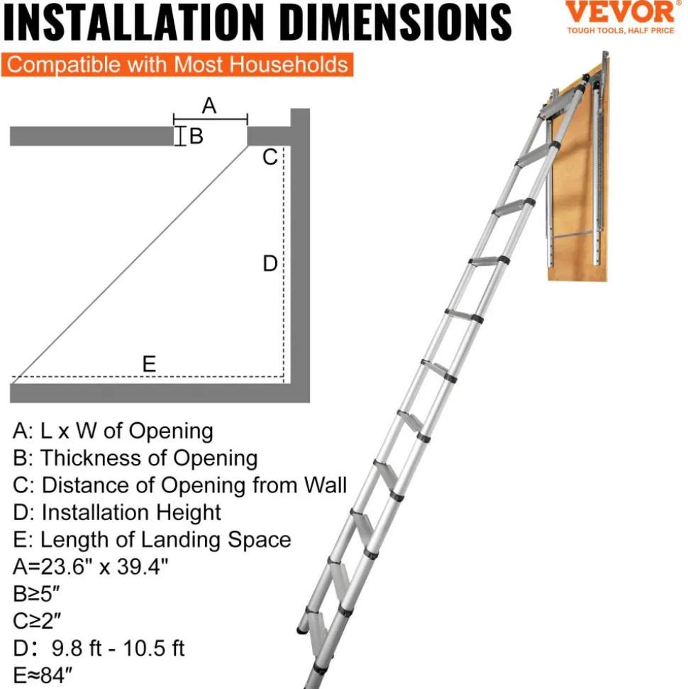 VEVOR Attic Ladder Telescoping, 350-pound Capacity, 39.37" x 23.6", Multi-Purpose Aluminium Extension, Lightweight and Portable, Fits 9.8'-10.5' Ceiling Heights, Convenient Access to Your Attic Standa