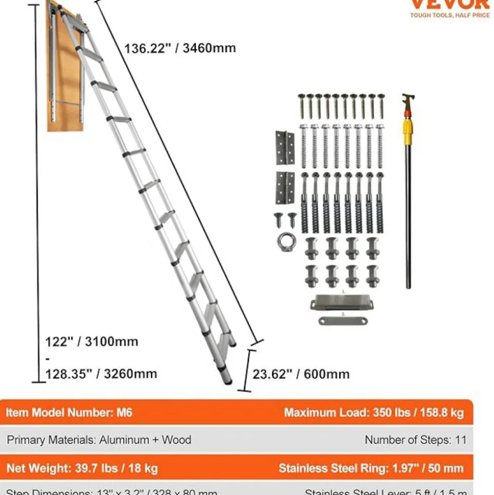 VEVOR Attic Ladder Telescoping, 350-pound Capacity, 39.37" x 23.6", Multi-Purpose Aluminium Extension, Lightweight and Portable, Fits 9.8'-10.5' Ceiling Heights, Convenient Access to Your Attic Standa