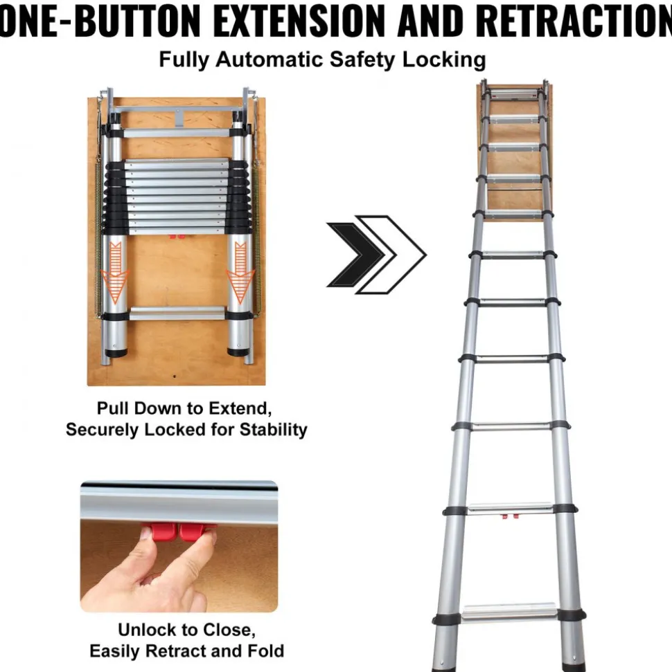 VEVOR Attic Ladder Telescoping, 350-pound Capacity, 39.37" x 23.6", Multi-Purpose Aluminium Extension, Lightweight and Portable, Fits 9.8'-10.5' Ceiling Heights, Convenient Access to Your Attic Standa