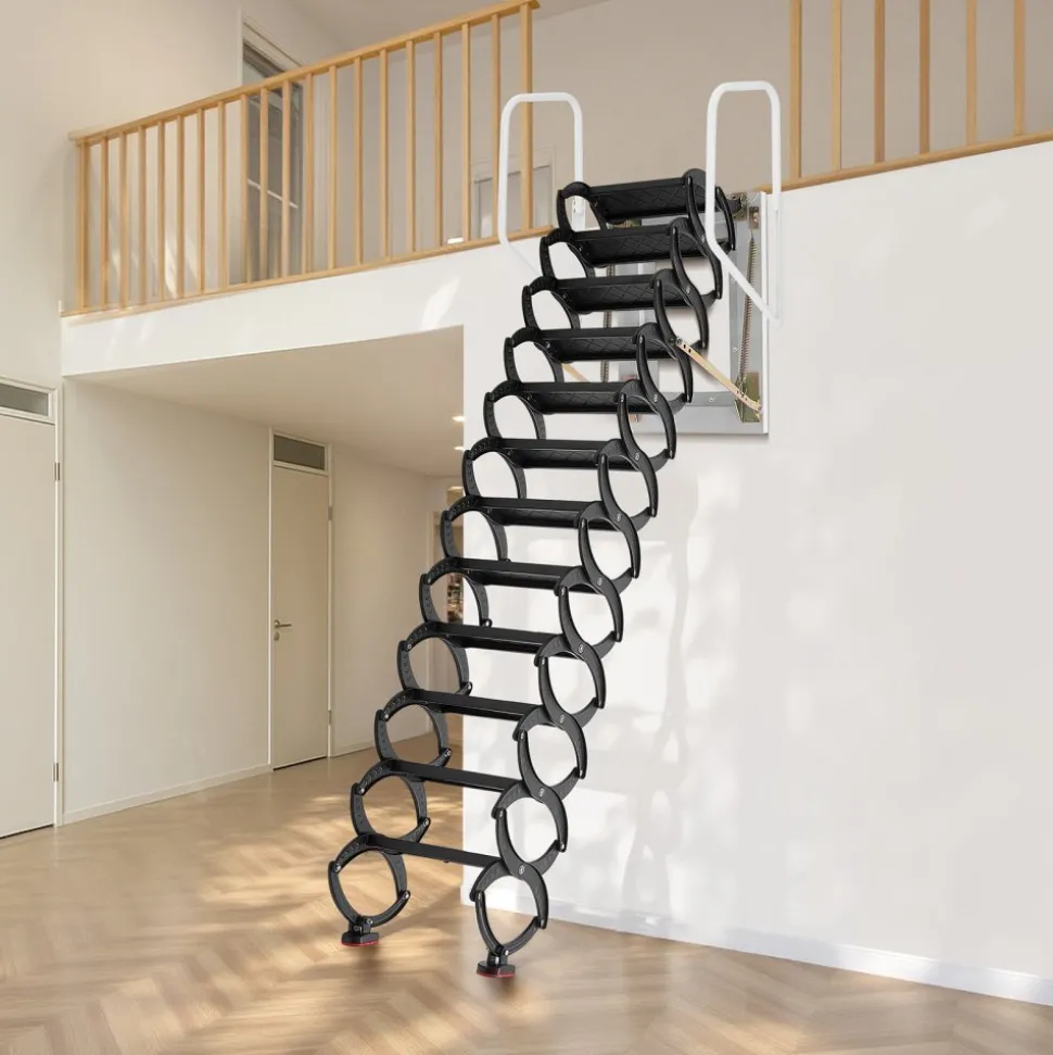 VEVOR Attic Ladder Wall-Mounted, 660LBS/299.4KG Capacity, Fits 9.5 to 10 ft Ceiling Height, 12-Step Steel Folding Stairs with Handrails, Pull Down Attic Ladders for Attics, Garages, Roofs, Basements